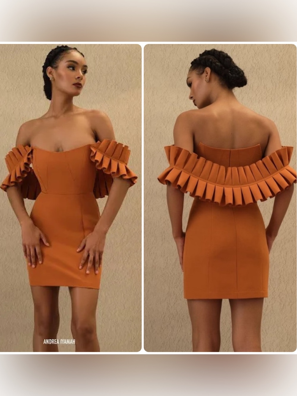 Andrea Iyamah Azo Tangerine Off-Shoulder Pleated Ruffle Mini Dress NWT $395